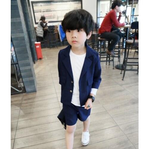 2021 New Korea Boys Summer Jacket +Shorts 2Pcs Clothing Set Gentleman Kids Formal Blazer Wedding Suit Children Performance Dress