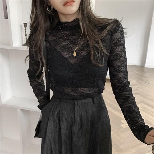 Lace Woman Tshirts New Thin Turtleneck Long Sleeve Mesh Embroidery White High Collar Autumn Tops Sexy Perspective Y2k Top