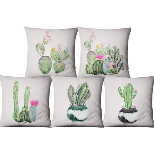 Watercolour Africa Green tropical Cactus Plant Printed Linen Cotton Pillowcase Home Room Sofa Decorative Cushion Cover 45X45cm