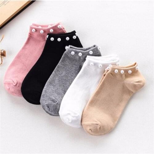 1 pair Summer Comfortable Cotton Shallow Mouth Socks for Girls Womens Cotton Lovely Casual Imitation Pearl Socks Solid Socks