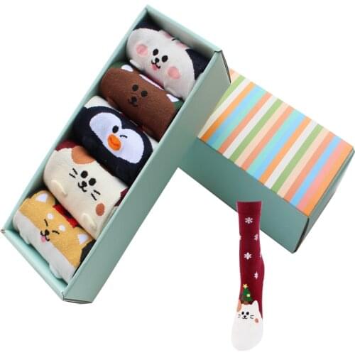 New women new years socks gift box 5pairs/lot lovely cartoon bear deer penguin cotton sock womens and ladies funny socks set