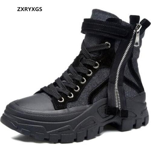 2021 New Genuine Leather Canvas Shoes Woman Spring Autumn Boots High-top Martin Boots Platform Wedges Winter Warm Womens Boots