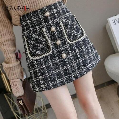 Autumn Winter Sexy Skirt New Small Fragrant Tweed High Waist Hit Color Anti-light Bag Hip Plaid Comfort Women Skirt For Women