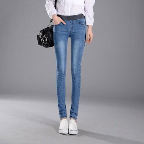 Autumn mid waist soft womens jeans stretch skinny pencil pants woman elastic waist trousers slim jeans for girls