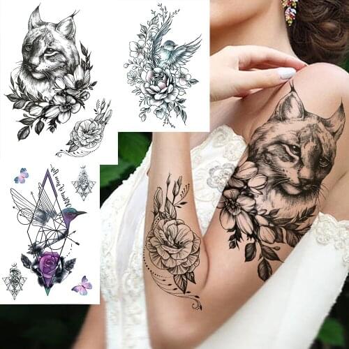 Realistic Cat Flower Temporary Tattoos For Women Adults Bird Rose Fake Tattoo Sticker Butterfly Geometric Triangle Black Tatoos