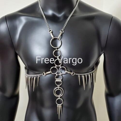 Burning Man Sliver Punk Chest Steel Chain Body Harness Rave Mens Top Costumes Musical Festival Singer Dancer Stage Outfits Gear