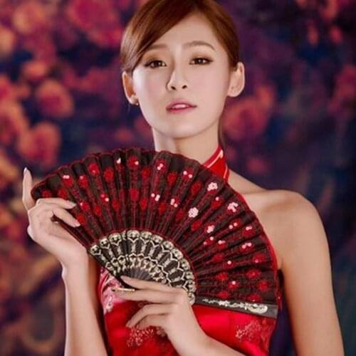 Silk Fan Folding Fan Wedding Art Gifts Peacock Sequin Dancing Fan Hand Held Fan