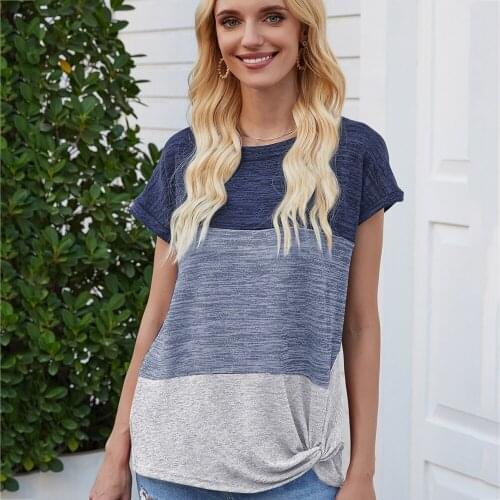 2021 New Women Summer T-shirt Fashion Stitching Loose Hem Twisted Short-sleeved Top Casual Round Neck Vintage Vacation Clothes