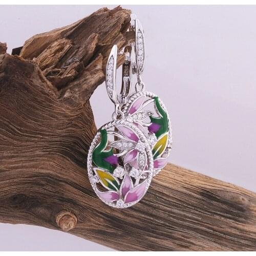 Vintage Jewelry Lotus Flower Enamel Silver Plated Dangle Earrings for Women Bohemia Pendant Hanging Earrings Wedding Gifts