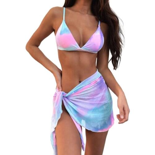 3 Pieces Bathing Suit Female Tie-Dye Print Bikini Tops+ Bikini Panties+ Skirt for Summer
