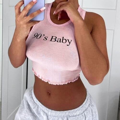 2021 Fashion Women Sexy Rib Knit Tank Top Sleeveless Letter Print Slim Fit Crop Top Holiday Casual Camisole Tops Streetwear