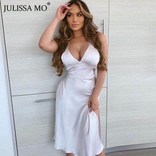 Julissa Mo Satin High Split V-Neck Sexy Womens Dress 2021 Backless Bandage Party Dress Summer Elegant Skinny Vestidos Female