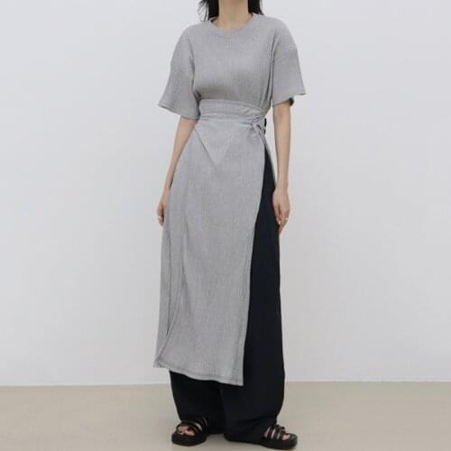 Womens Spring Summer Korea Fashion Designer Brief Split Long Dress Female Chic Casual Loose Dress TB791