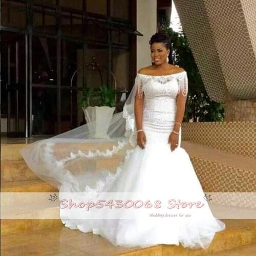 African Bride Mermaid Wedding Dresses 2020 Offer Shoulder Tassel Soft Tulle Long Train Elegant Bridal Gowns Vestidos de novia