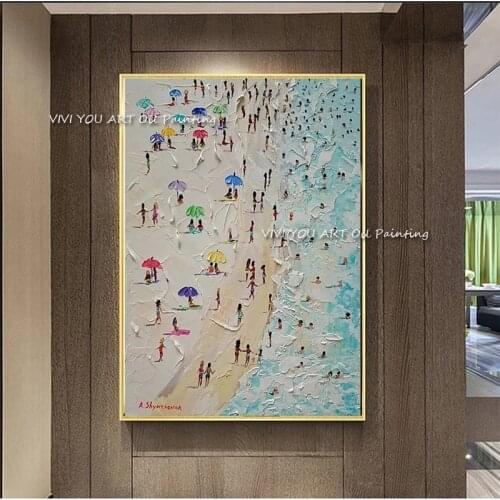 100% Handmade Oil painting Sea sand beach Landscape Handmade Canvas Painting Wall Art Picture for Living Room Home Decor