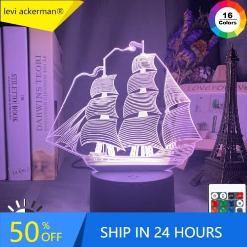 Acrylic 3d Illusion Led Night Light Lamp Sailing Ship Colorful Home Decor Lights Usb Battery Powered Nightlight for Kids Bedroom