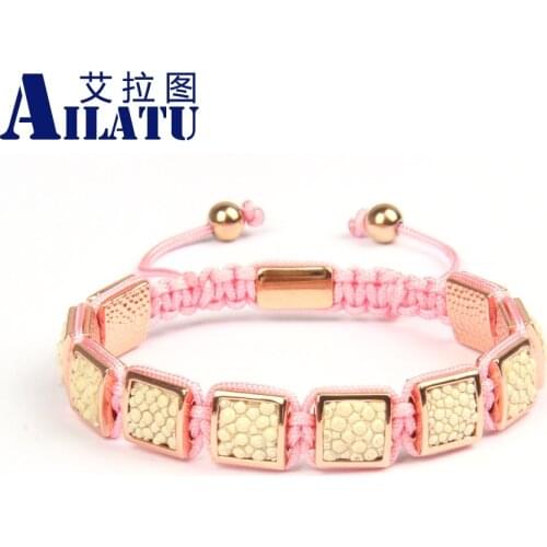 New Luxury White Genuine Stingray Leather Square Macrame Bracelet Top Quality Couples Jewelry Pink Women Gold Men