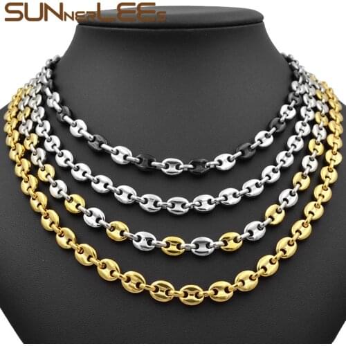 SUNNERLEES 316L Stainless Steel Necklace 5~11mm Coffee Beans Link Chain Gold Black Silver Color Men Women Jewelry Gift SC13