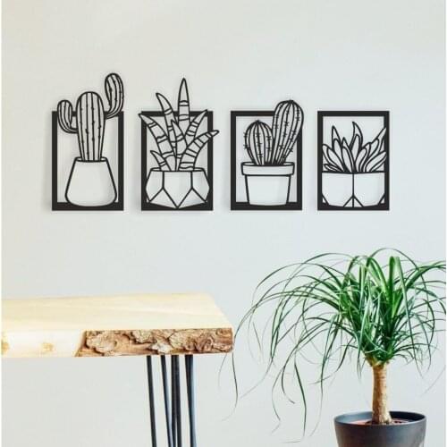 Wood Wall Decor Cactus Flower Vase Black Color Laser Cut Modern Nature Desert Home Office New 3D Creative Stylish Living Room Kitchen Decorative 2021 Quality Gift Ornament Painting Art Classic Beautiful Cute