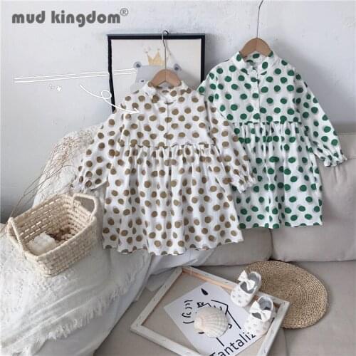 Mudkingdom Girls Dot Dress Casual Long Sleeve Button Thin Dresses For Toddler Drop Shoulder Fashion Cutton Children Clothing