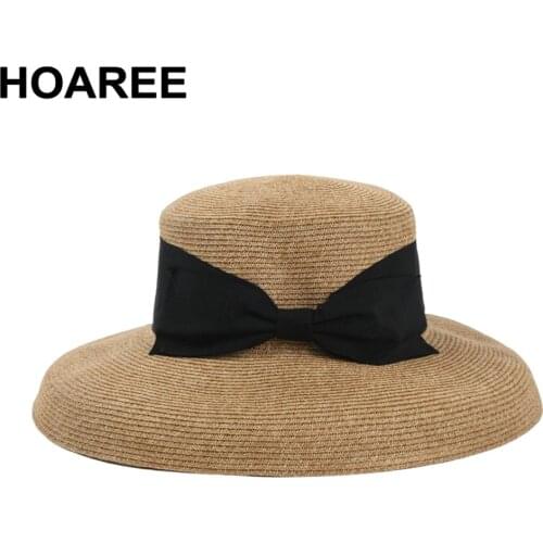 HOAREE womens sun hat French Retro Bow Hepburn Style Sun Visor Straw Hat Wide Brim Folding Brand 2021 New Brand Summer Hat