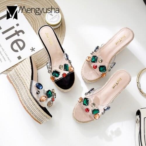 String beads wedges shoes woman colorful rhinestone transparent sandals brand straw high heels flip flops crystal slippers c912