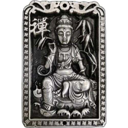 Chinese old Tibetan silver relief Guanyin amulet pendant Feng Shui lucky pendant