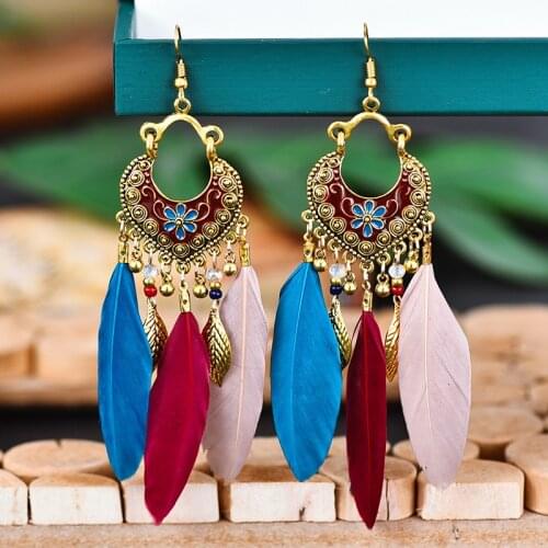 Creative Bohemian Retro Fan-shaped Oil Drop Flower Tassel Feather Earrings Long European and American Fashion Earrings
