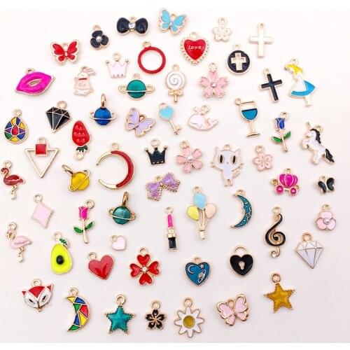 Mix 60pcs/pack Bow Plant Animal Enamel Charms Gold Color Pendants DIY Jewelry Making Handmade Craft