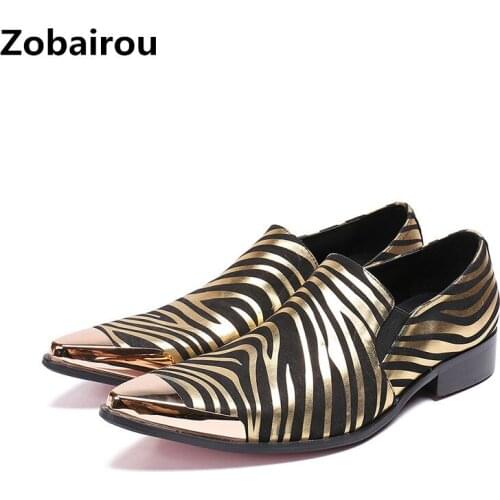 New arrival chaussures hommes striped gold dress shoes men genuine leather steel pointed toe flats luxury italian loafers size47