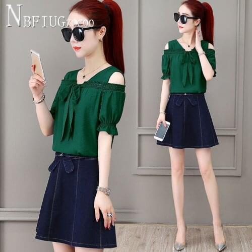 2020 Summer New Korean Women Sets Expose Shoulder Blouse And Denim Skirt Female Sets