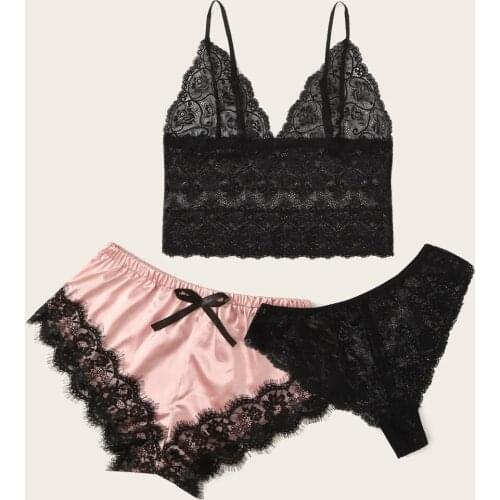 Pajamas Women 3pc Women Lace Bra Stain Camisole Pajamas Sleepwear Bowknot Shorts Set Sexy Lingerie Set pyjamas women пижама