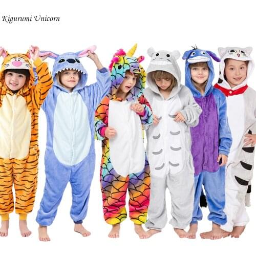 Kigurumi Unicorn Pajamas Childrens Pajamas for Boys Girls Flannel Cat Stich Pijamas Set Animal Sleepwear Winter Onesies 4-12