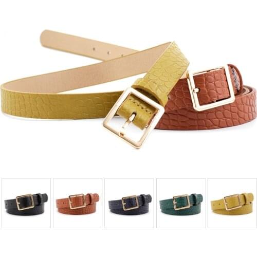 Womens Crocodile Pattern Square Buckle Wide Belt Black Yellow Dark Green Camel Jeans Dress Decoration Thin Belt Women