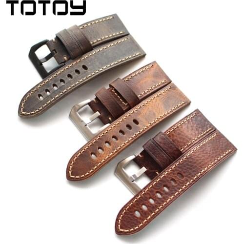 TOTOY high quality mens military leather watch strap 20mm 22mm 24mm 26mm rough cut trim leather strap for Panerai PAM