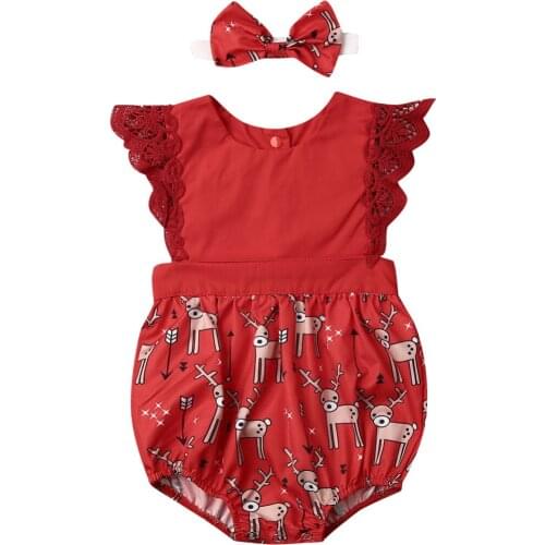 Xmas Infant Kids Girls Cute Rompers Headband 2pcs Lace Ruffles Sleeve Animal Print Jumpsuits Christmas Clothes