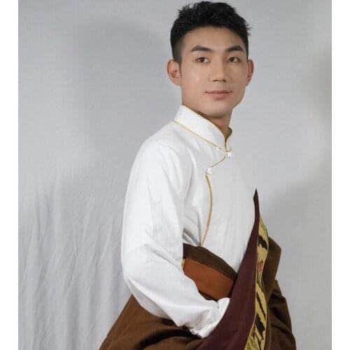 Tibetan Clothes for Men Cotton Linen Shirt Men Stand-up Collar Long Sleeves Loose Chinese Traditionnel Retro Tops Tibetain