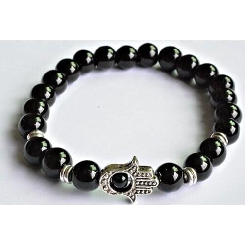 Silver-Color Hand of Fatima Hamsa Hand Lucky Bracelet of Mala Black Stone Evil Eye Amulet Bracelets Lovers Gifts for Men Women