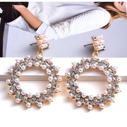 Exaggerated New Design Rhinestone Drop Earrings For Women Wedding Jewelry Simulated Pearl Round Earrings