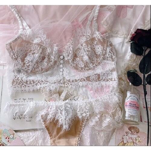 Light luxury ultra-thin lingerie panties suit sexy eyelash lace underwear button camisole bra set with steel ring bralette