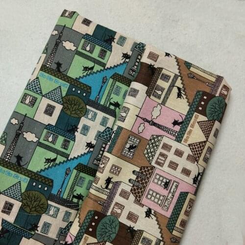 Vintage Brand Zaka Blue & Pink House Black Cat Printed Cotton Linen Fabric 45x140cm Pillow Curtain Home Decor