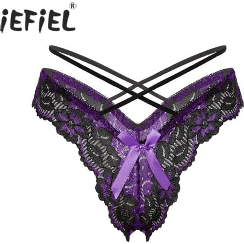 Womens Bowknot Sissy Lingerie Panties Intimates Floral Lace G-string Briefs Low Waist T-back Thongs Sexy Underwear Underpants