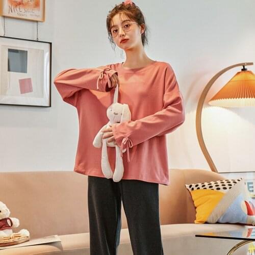 Girl Lady Solid Loose Cuff & Ankle Pajama Pullover Long Sleeve Trousers Pajama Jammies Sleepwear Nightwear Pyjamas Cotton CKE