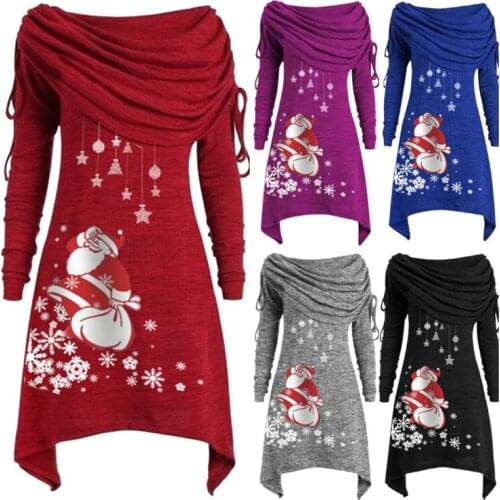 Lady Christmas Santa Claus Snowflake Print Irregular Long Sleeve Mid-length Tunic Vintage Christmas costume Winter Tops Big Size