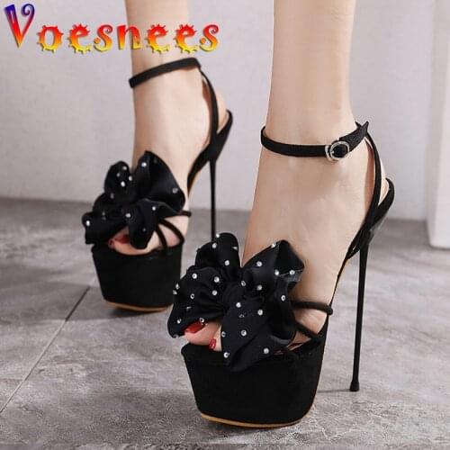 Voesnees Women Sandals Butterfly-knot Rhinestone Thin Heel 17cm Super High Heels 2021 Summer Black Platform Ladies Catwalk Shoes