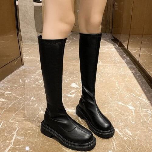 Women Leather Platform Shoes Autumn Winter Shoes Long Boots Women Fashion Black Beige Mid Calf Boots Round Toe Slip on Boots