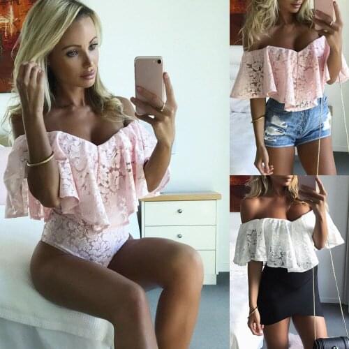 Womens Off Shoulder Bodysuit Ruffles Lace V-neck Jumpsuit Romper Leotard Tops