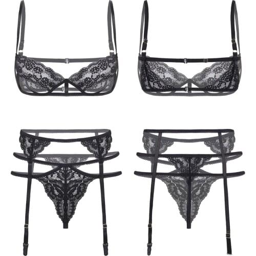 Womens Lace Sissy Lingerie Suit Shoulder Strap Underwired Unlined Bra with Strappy G-string Underwear Panties Garter Belt
