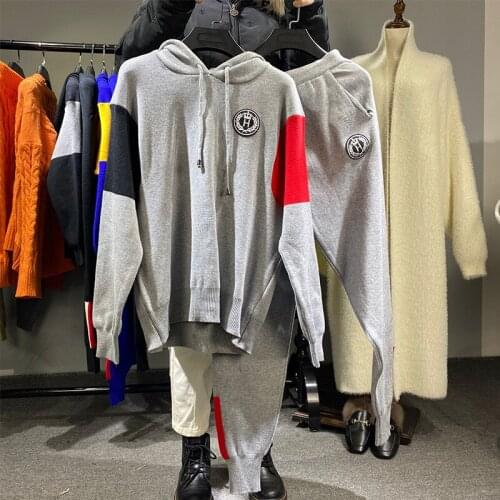 New 2021 Vintage ladies Knitted Cardigans Sweaters + wide leg pants Trousers Outfit 2 pieces suits S7183