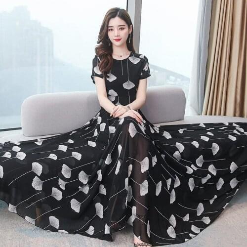 M-4XL Printed Chiffon Bohemia Dress Women 2020 New Summer Short Sleeve Slim Big Swing Long Dress Elegant Plus Size Robes r355